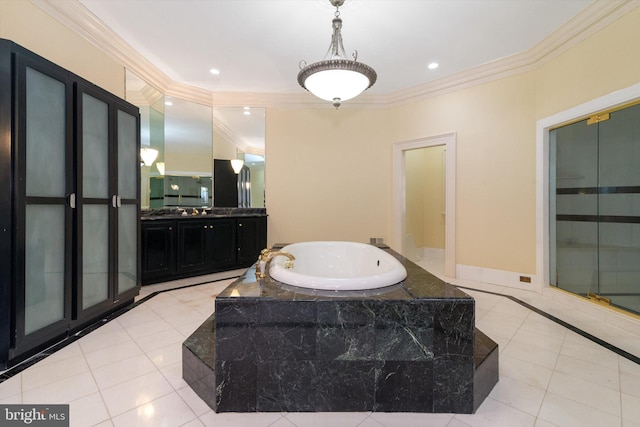 bathroom with tile patterned flooring, vanity, crown molding, and plus walk in shower