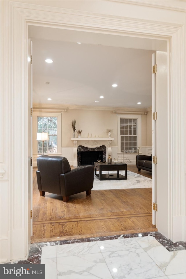 living room featuring wood-type flooring, ornamental molding, and a fireplace