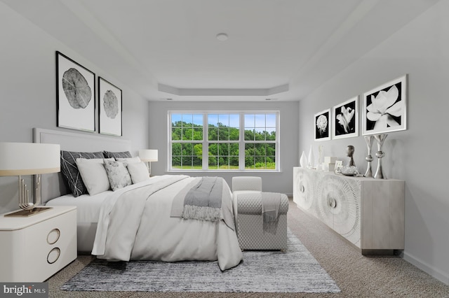 bedroom with carpet flooring and a raised ceiling