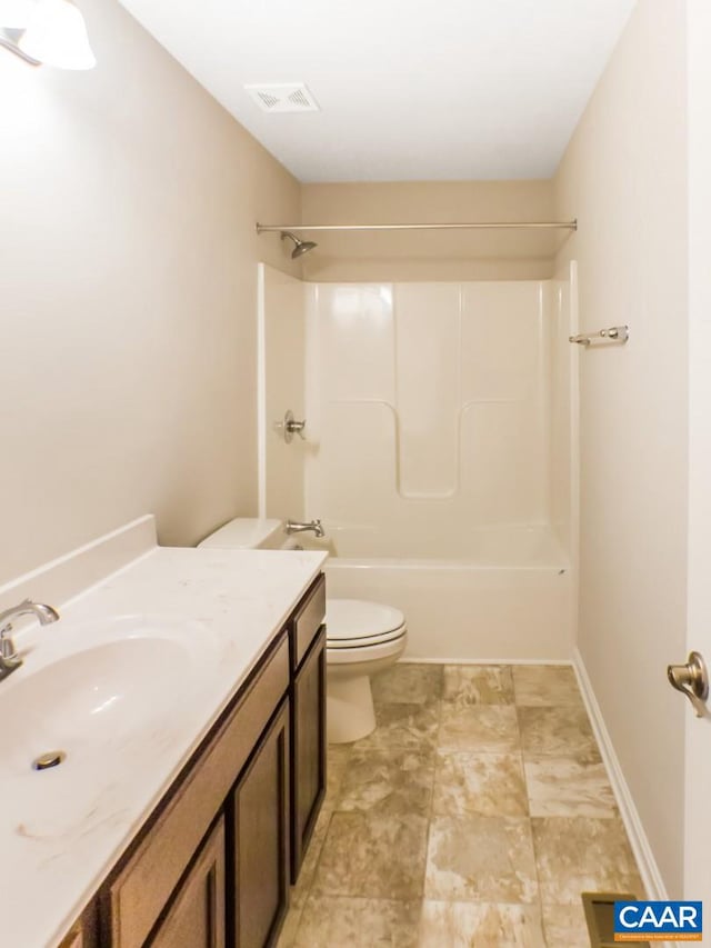 full bathroom featuring tile flooring, shower / bathing tub combination, toilet, and vanity