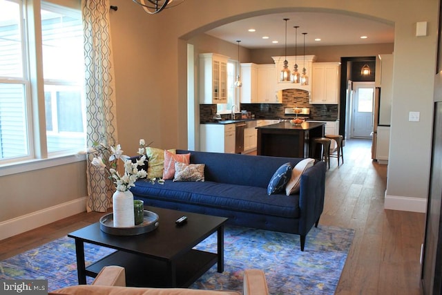 living room with sink and wood-type flooring