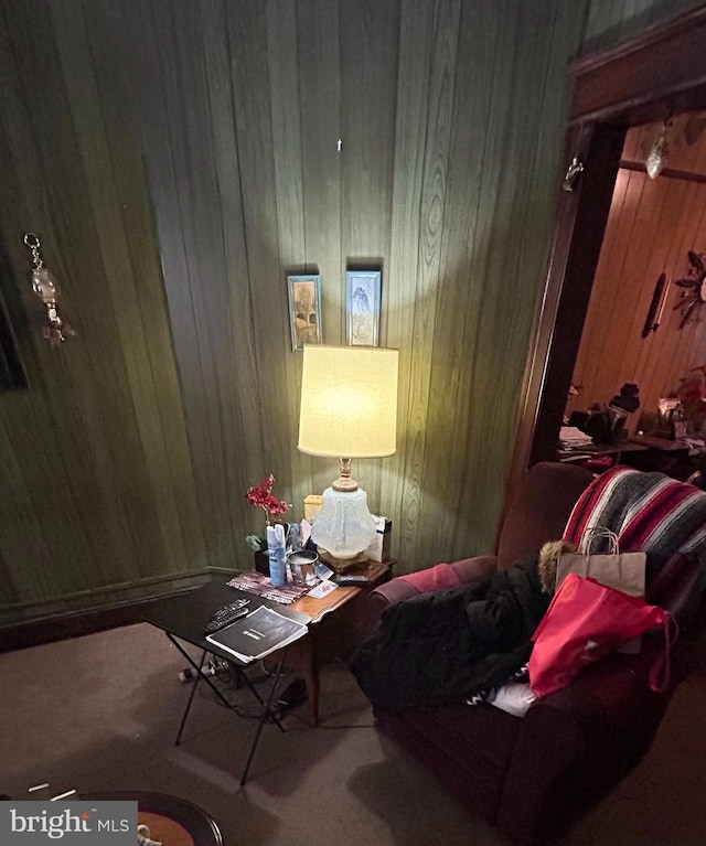 carpeted bedroom with wooden walls