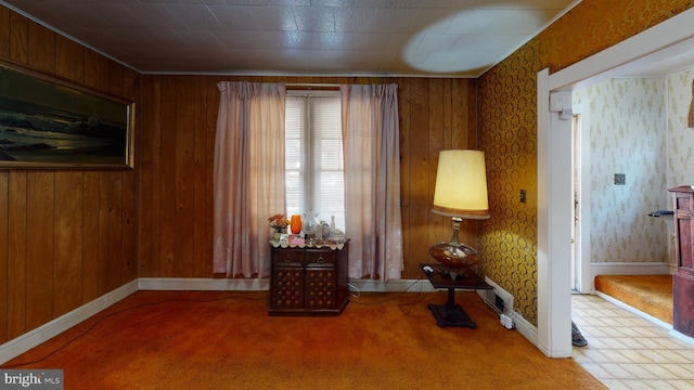 interior space with light carpet and wood walls