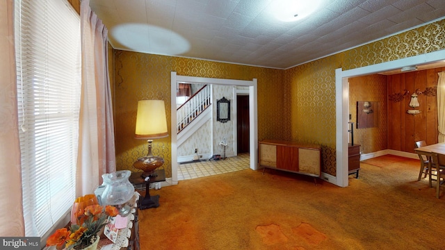 interior space with wooden walls, a healthy amount of sunlight, and light colored carpet