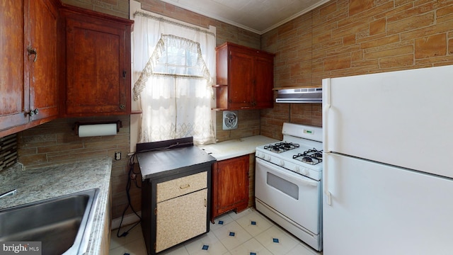 kitchen featuring light tile flooring, white appliances, exhaust hood, sink, and crown molding