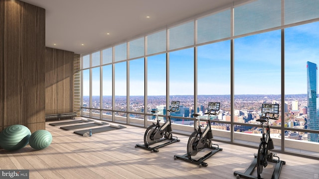 workout area with a high ceiling, light hardwood / wood-style floors, and a wall of windows