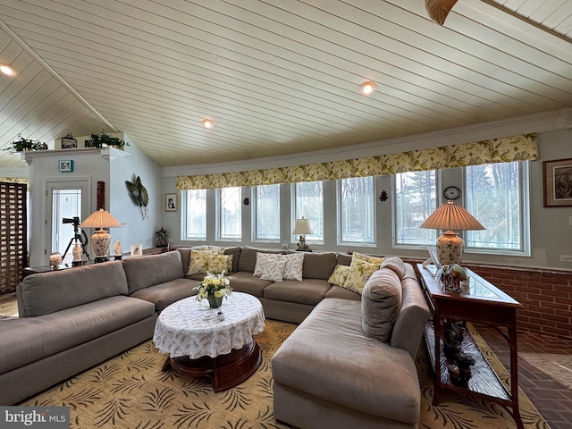 living room featuring plenty of natural light and wood ceiling