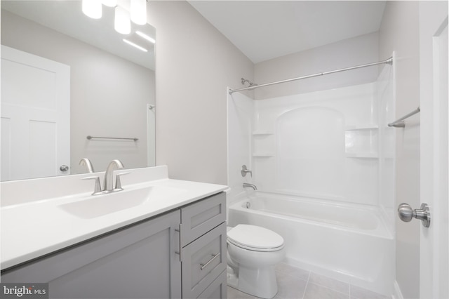 full bathroom with vanity, toilet, tub / shower combination, and tile patterned flooring