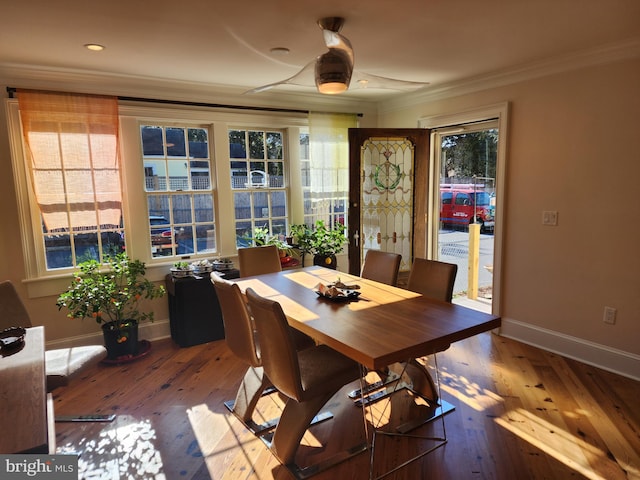 dining area featuring ceiling fan, dark wood-type flooring, and plenty of natural light