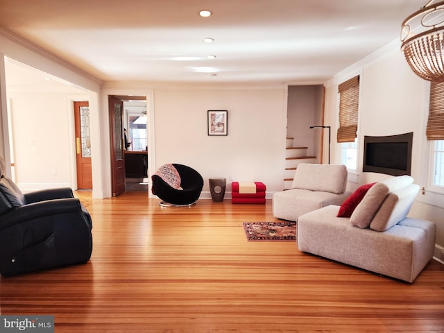 living room featuring crown molding and light hardwood / wood-style floors