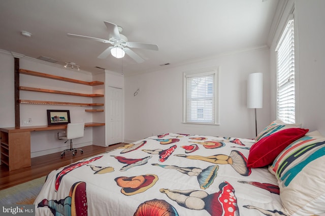 bedroom with light hardwood / wood-style flooring, ceiling fan, a closet, and crown molding