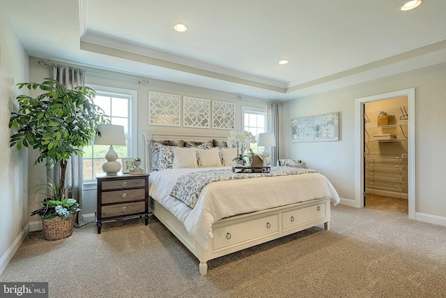 carpeted bedroom featuring a spacious closet, crown molding, a tray ceiling, and a closet