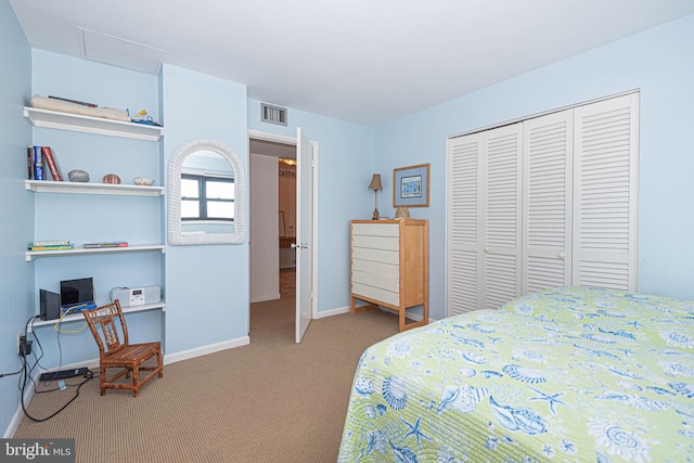 bedroom featuring a closet and light carpet