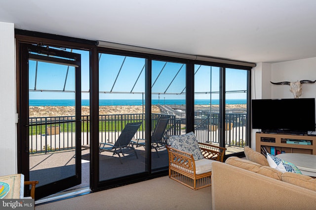 living room featuring light colored carpet and a water view