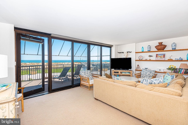 carpeted living room featuring a water view and expansive windows