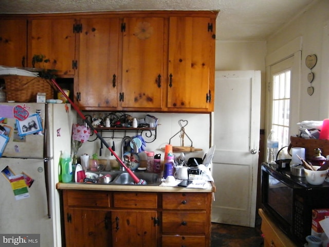 kitchen featuring white fridge and sink