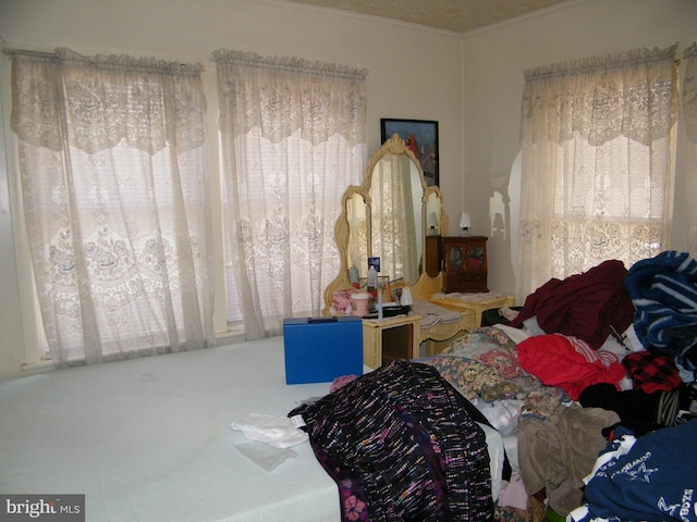 bedroom featuring crown molding and carpet