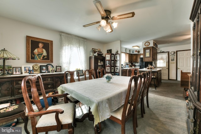 dining room featuring ceiling fan and dark carpet