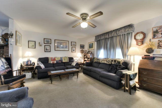 living room featuring light carpet and ceiling fan