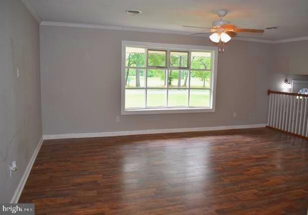 spare room with dark hardwood / wood-style flooring, ceiling fan, and ornamental molding