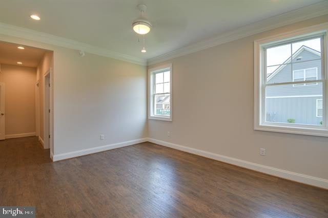 unfurnished room featuring ornamental molding, dark wood-type flooring, and a healthy amount of sunlight