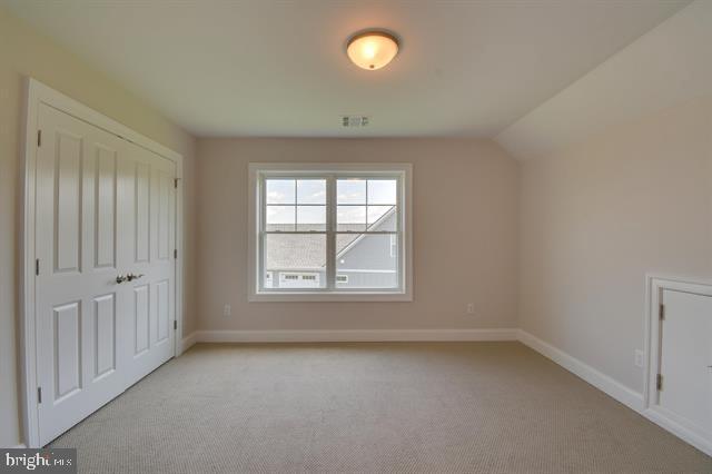 unfurnished bedroom featuring vaulted ceiling, light colored carpet, and a closet