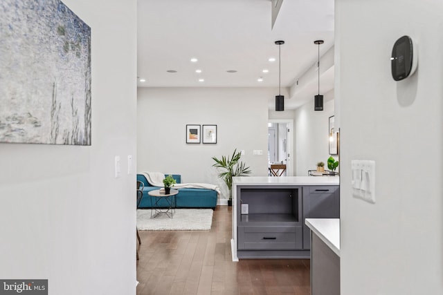 kitchen with gray cabinetry, dark hardwood / wood-style floors, and pendant lighting