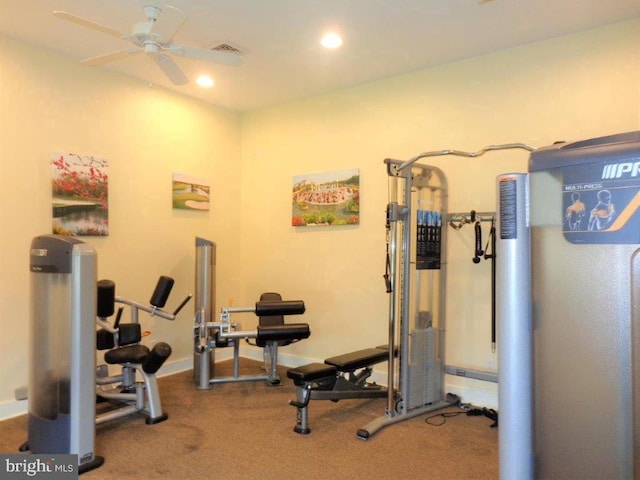 exercise area with ceiling fan and carpet