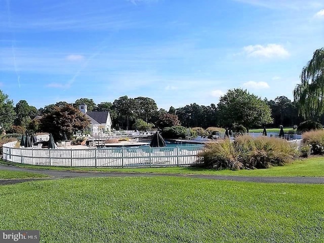 view of swimming pool featuring a lawn