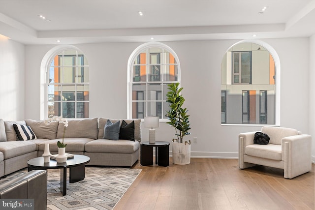 living room with light hardwood / wood-style flooring