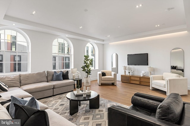 living room featuring light wood-type flooring and a tray ceiling