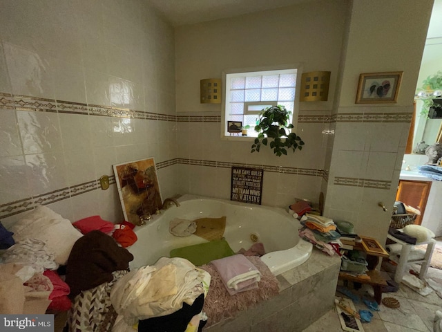 tiled bedroom with tile walls