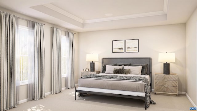 bedroom with a tray ceiling, light colored carpet, crown molding, and baseboards