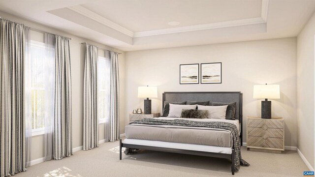 bedroom featuring baseboards, a tray ceiling, light colored carpet, and ornamental molding