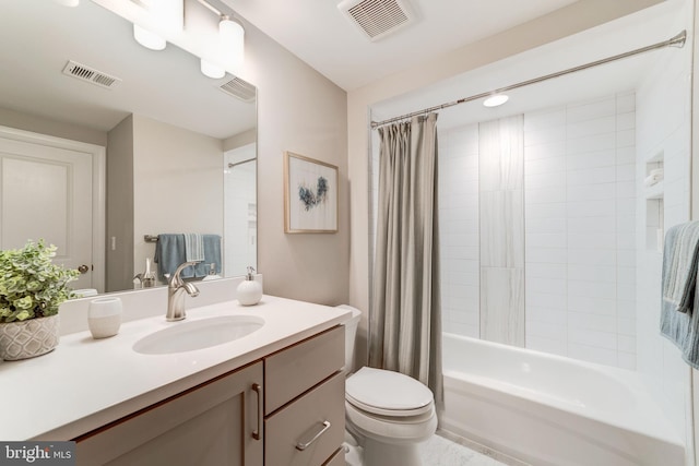 full bathroom featuring toilet, shower / tub combo with curtain, oversized vanity, and tile flooring