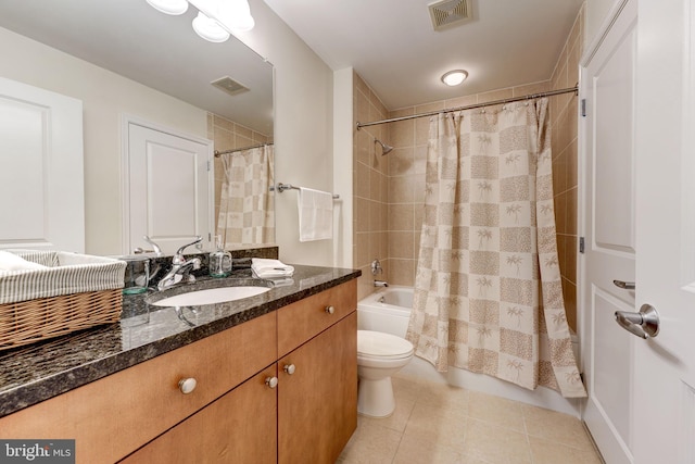 full bathroom featuring shower / bath combo with shower curtain, toilet, tile flooring, and oversized vanity