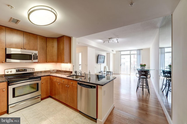 kitchen with light hardwood / wood-style floors, stainless steel appliances, kitchen peninsula, track lighting, and sink