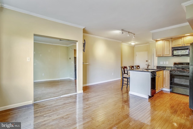 kitchen with sink, rail lighting, black appliances, a kitchen bar, and light wood-type flooring