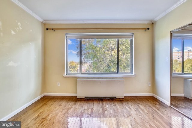 spare room featuring ornamental molding and light hardwood / wood-style floors