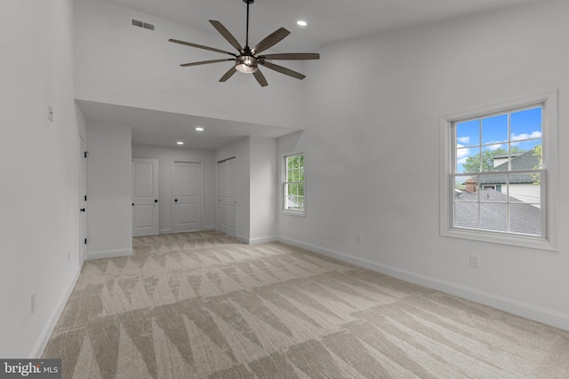 2764 Bellview Dr, Bensalem, PA 19020 - unfurnished living room featuring high vaulted ceiling, carpet flooring, baseboards, ceiling fan, and recessed lighting
