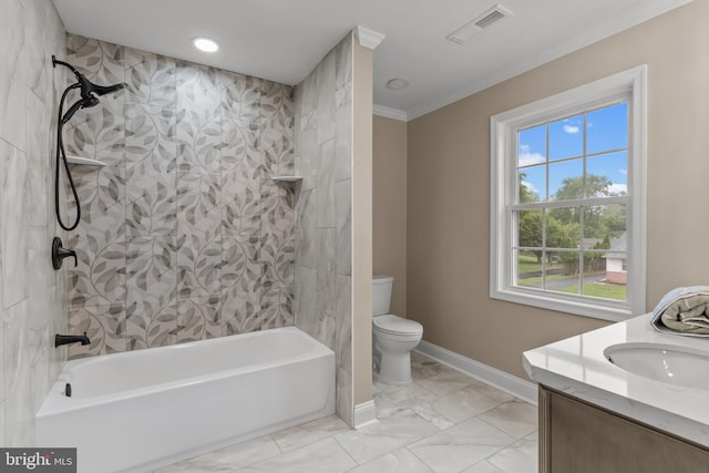 2764 Bellview Dr, Bensalem, PA 19020 - full bath featuring shower / tub combination, toilet, marble look tile flooring, baseboards, and crown molding