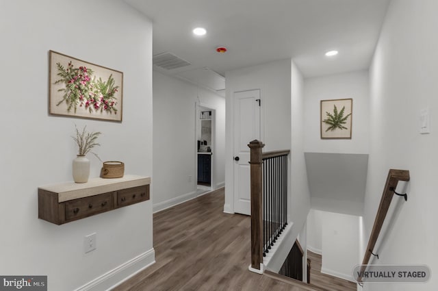 2764 Bellview Dr, Bensalem, PA 19020 - hallway with an upstairs landing, wood finished floors, baseboards, recessed lighting, and attic access