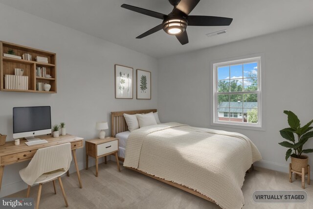 2764 Bellview Dr, Bensalem, PA 19020 - bedroom featuring light colored carpet, baseboards, a desk, and a ceiling fan
