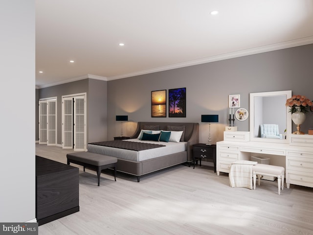 bedroom featuring crown molding and light hardwood / wood-style flooring