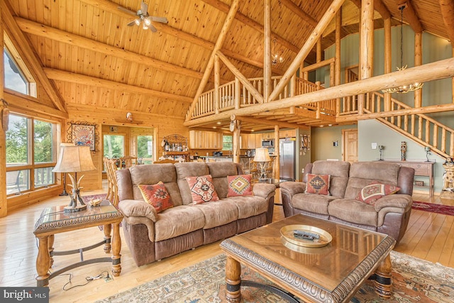 living room with high vaulted ceiling, wooden ceiling, and hardwood / wood-style flooring