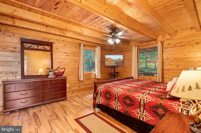 bedroom featuring beam ceiling, wooden ceiling, wooden walls, and light hardwood / wood-style flooring