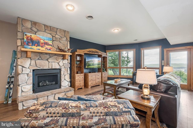 living room featuring a stone fireplace and wood-type flooring