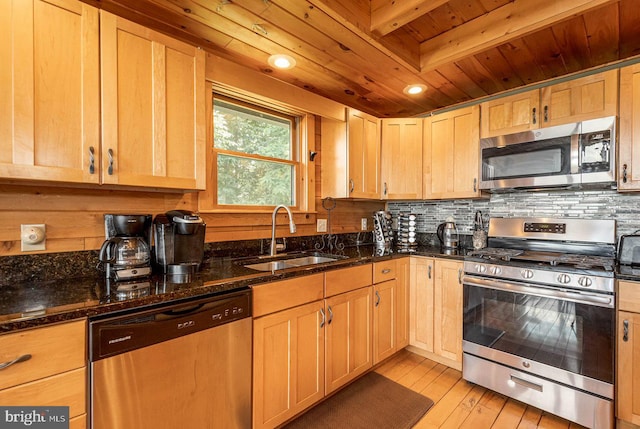 kitchen featuring light hardwood / wood-style flooring, stainless steel appliances, wooden ceiling, sink, and tasteful backsplash