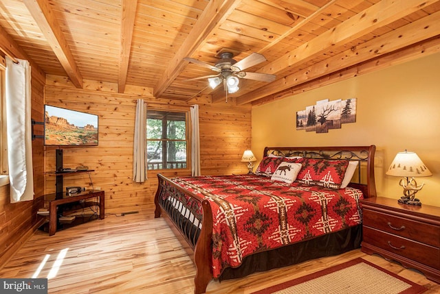 bedroom featuring ceiling fan, beam ceiling, hardwood / wood-style flooring, and wood ceiling