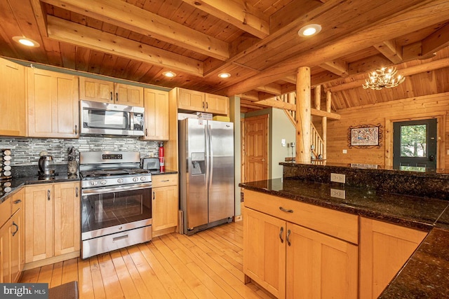 kitchen with light hardwood / wood-style floors, tasteful backsplash, beam ceiling, wood ceiling, and appliances with stainless steel finishes